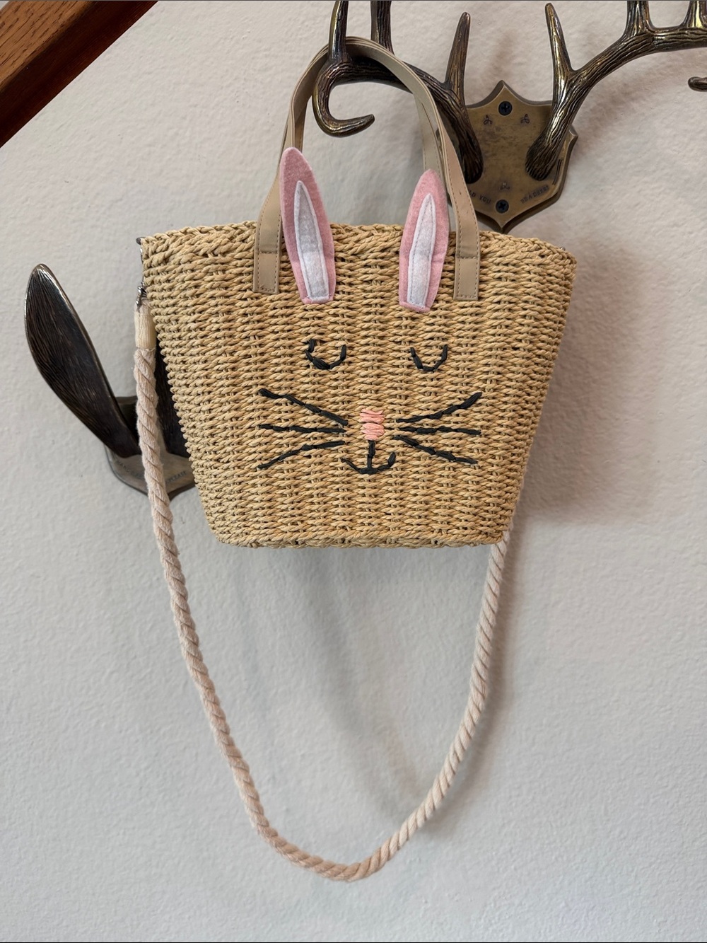 Hanna Andersson Straw Bunny Tote with Pink Ears and Beige Handles